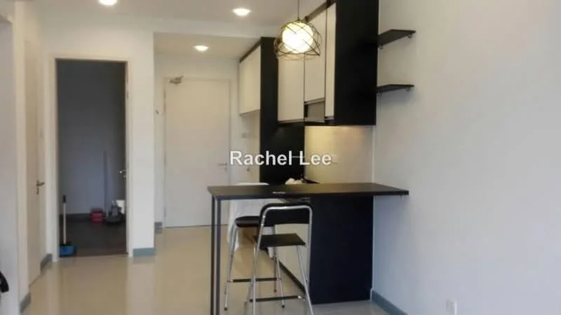 Kitchen features: black cabinetry, white upper cabinets, black countertop, bar seating with two stools, pendant light fixture, tile backsplash, open shelving, recessed lighting, grey floor tiles, white painted walls; style: modern.