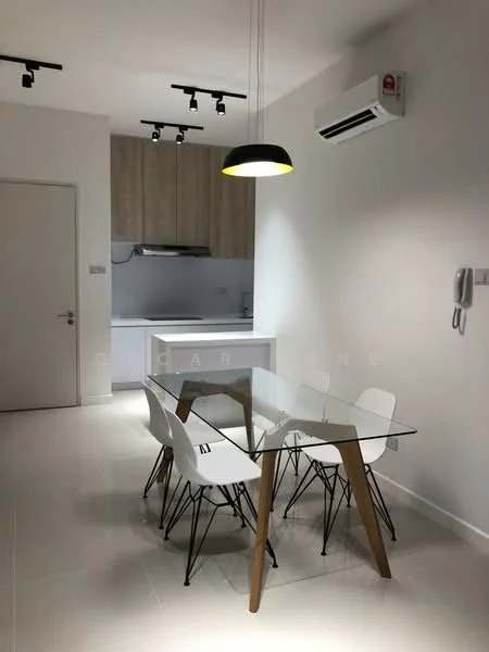 Dining features: glass dining table, 4 white dining chairs with black legs, pendant light with black shade and yellow accent, wall-mounted intercom, 1 wall-mounted split AC, white walls, light-colored cabinetry, kitchen area visible in background; style: modern.