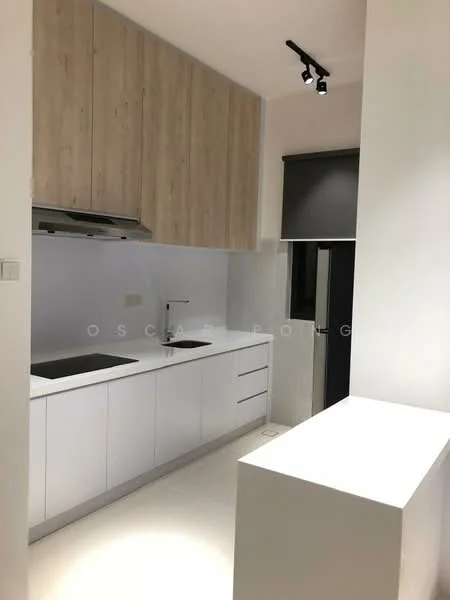 Kitchen features: white cabinetry, wooden upper cabinets, stainless-steel range hood, single-bowl stainless-steel sink, chrome pull-down faucet, white countertop, ceramic tile flooring, recessed downlights, window with roller blinds; style: modern.