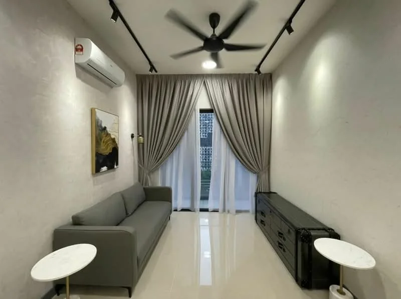 Living features: grey fabric sofa, 2 white marble side tables, black console table, floor-to-ceiling windows, sheer curtains, dropped ceiling with recessed downlights, 5-blade ceiling fan, wall-mounted split AC, light grey painted walls, glossy tile flooring; style: modern; view: garden.
