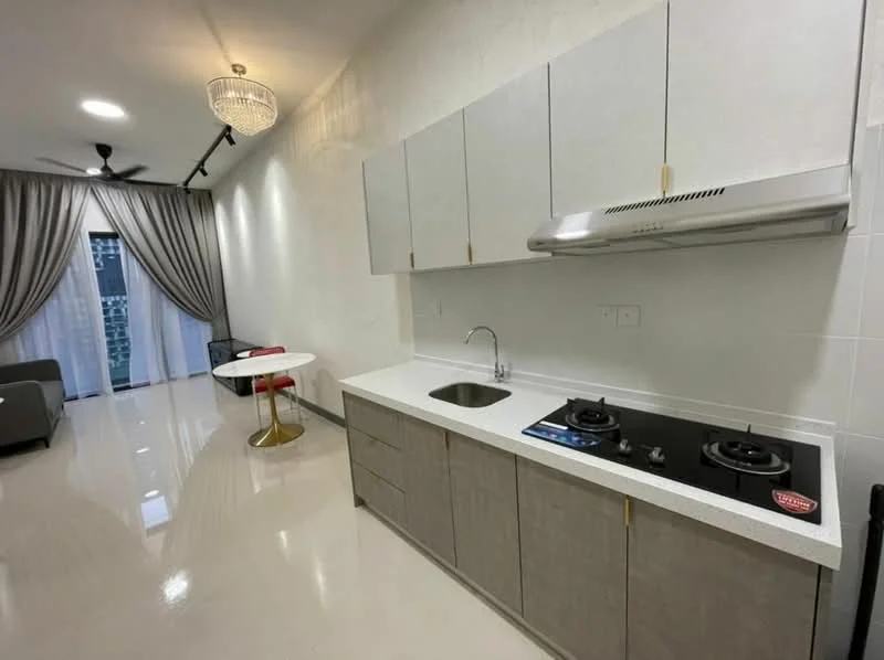 Kitchen features: white quartz countertop, grey cabinetry with flat-panel doors, stainless-steel sink, chrome pull-down faucet, built-in gas hob, stainless-steel range hood, recessed downlights, polished tile flooring, wall-mounted cabinets, open shelving, floor-to-ceiling windows with sheer curtains; style: modern; view: garden. Living features: 3-seater fabric sofa in grey, round dining table with gold base, chandelier, curtains, polished tile flooring; style: modern; view: garden.