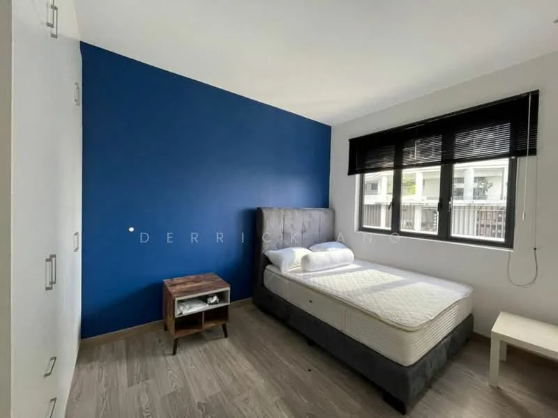 Bedroom features: blue accent wall, white painted walls, queen-size bed, upholstered headboard, bedside table, wooden flooring, blackout blinds, floor-to-ceiling windows, built-in wardrobe; style: modern.