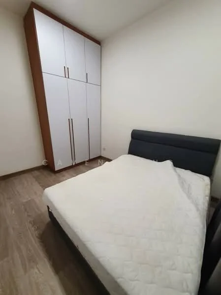 Bedroom features: queen-size bed, upholstered headboard, built-in wardrobe with white doors, wooden flooring, plain white walls, window with natural light, bedside space, minimalist decor; style: modern.
