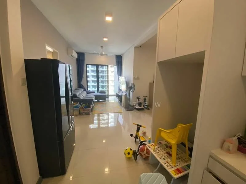 Room features: white painted walls, glossy tile flooring, 5-blade ceiling fan with light, floor-to-ceiling windows, black refrigerator, light-colored cabinetry, area rug, children's toys, yellow plastic chair, decorative items on countertop; style: modern; view: city.