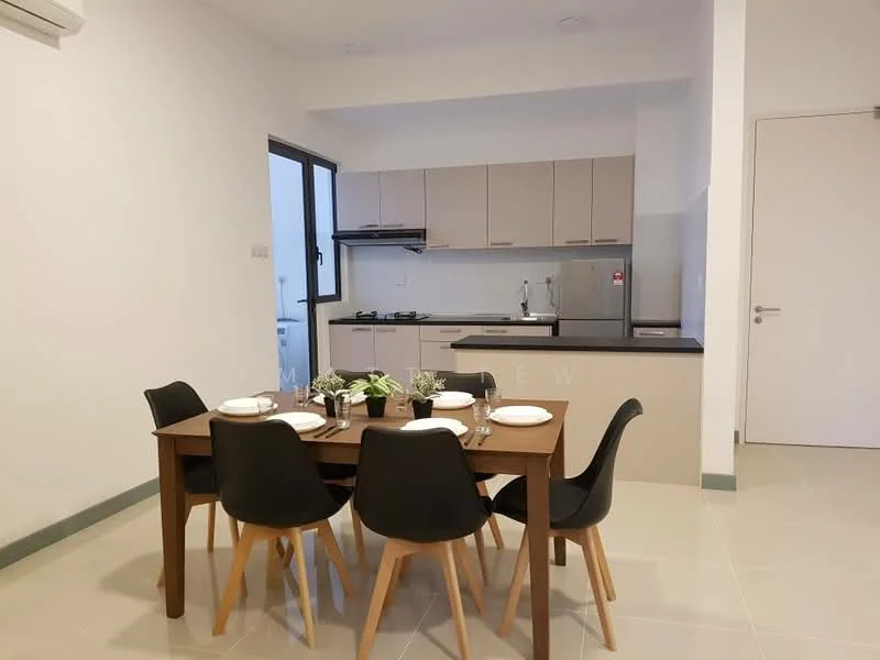Dining features: 6-seater dining table, black dining chairs with wooden legs, white plates on the table, decorative plants in the center, light-colored tiled flooring, white walls, large window with natural light, kitchen area visible in the background, black countertop, built-in kitchen cabinets; style: modern. Kitchen features: stainless-steel sink, 4-burner gas hob, built-in oven, microwave, grey cabinetry, black countertop, white tiled backsplash, recessed downlights, exhaust hood; style: modern.