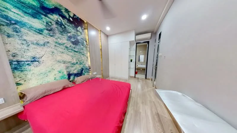 Bedroom features: king-size bed with red bedding, wooden flooring, feature wall with abstract painting, built-in wardrobe with sliding doors, recessed downlights, air conditioning unit, wall-mounted mirror, white sofa, neutral painted walls; style: modern.