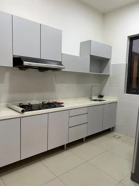 Kitchen features: grey flat-panel cabinets, white countertop, stainless-steel range hood, 2-burner gas hob, single-bowl stainless-steel sink, white tiled backsplash, white tiled walls, cream ceramic tile flooring, window with black frame; style: modern.