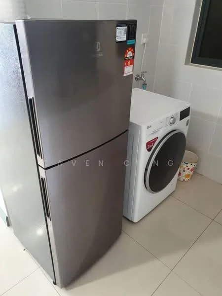 Laundry features: stainless-steel fridge, front-load washing machine, white cabinetry, tile flooring, white tiled walls, sink with faucet, decorative storage container; style: modern.