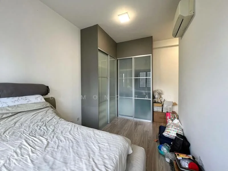 Bedroom features: queen-size bed, light grey bedding, wooden flooring, wall-mounted split AC, built-in wardrobe with glass doors, white painted walls, ceiling light, box of items on the floor; style: modern.