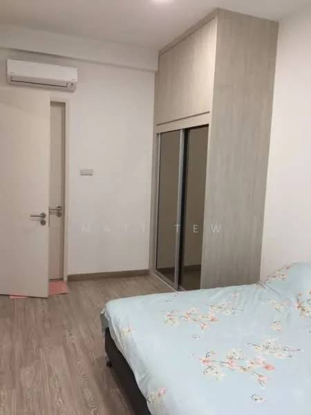 Bedroom features: queen-size bed with floral bedding, built-in wardrobe with sliding mirror doors, light wood paneling on wardrobe, white painted walls, laminate flooring, wall-mounted split AC, door with modern handle, light switch on wall; style: modern.