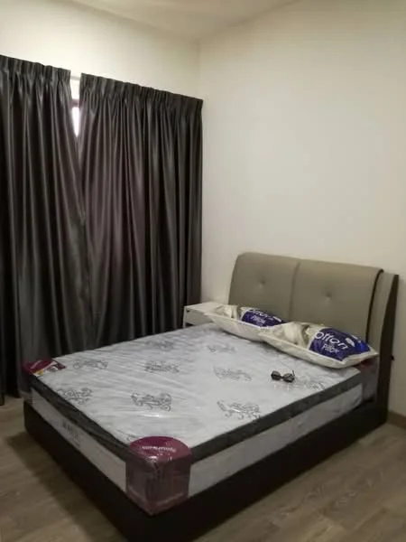 Bedroom features: queen-size bed, upholstered headboard, bedside table, dark curtains, wooden flooring, decorative pillows, sunglasses on bed; style: modern.