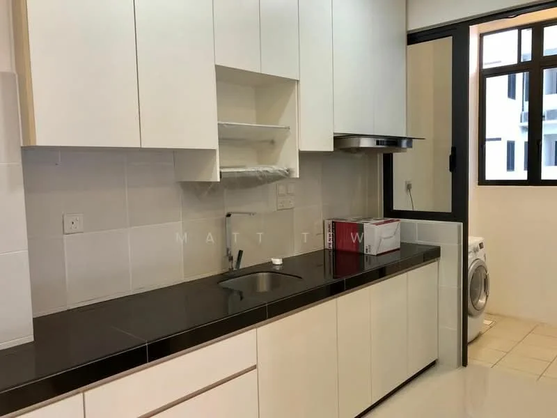 Kitchen features: black granite countertop, white cabinetry with flat-panel doors, stainless-steel sink, chrome pull-down faucet, built-in oven, stainless-steel range hood, white tiled backsplash, floor-to-ceiling windows, washing machine, light-colored tile flooring; style: modern.