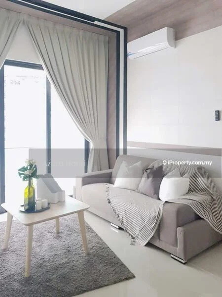 Living features: grey fabric sofa, white coffee table, area rug in light grey, floor-to-ceiling windows, sheer curtains, wall-mounted split AC, decorative throw pillows, decorative vase with greenery, striped throw blanket, wood panel accent wall; style: modern.