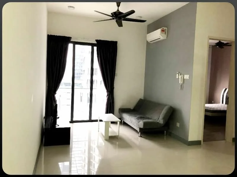 Living features: grey fabric sofa, white coffee table, floor-to-ceiling windows, blackout curtains, wall-mounted TV, 1 wall-mounted split AC, white painted walls, glossy tile flooring, ceiling fan with light, sliding glass door; style: modern; view: city.