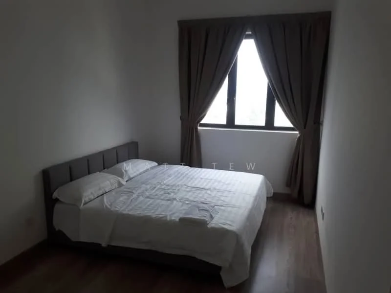 Bedroom features: queen-size bed, upholstered headboard, white bedding, wooden flooring, floor-to-ceiling window, brown curtains, neutral wall colour; style: modern.