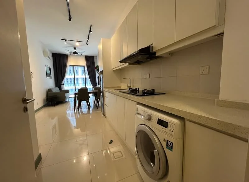 Kitchen features: white cabinetry, granite countertop, built-in gas hob, stainless-steel sink, washing machine, recessed downlights, ceramic tile flooring, open layout, wall-mounted extractor hood, floor-to-ceiling windows, view of living area; style: modern.