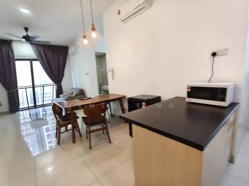 Dining features: dining table with four chairs, black countertop, microwave, wall-mounted air conditioning unit, pendant lighting, floor-to-ceiling windows, curtains, ceramic tile flooring; style: modern; view: city. Living features: sofa, coffee table, TV console, wall-mounted TV; style: modern; view: city.