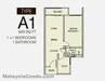 Floor plan: 1-bedroom 1-bathroom unit; features: open-plan kitchen-living, master bedroom, utility room, central foyer.