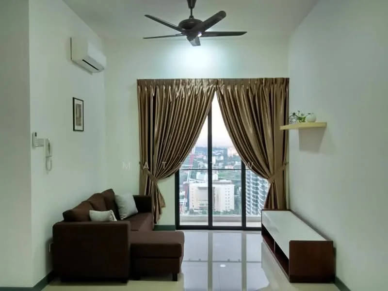 Living features: 3-seater fabric sofa in brown, floor-to-ceiling windows, sheer curtains, dark wood TV console, wall-mounted shelf, recessed downlights, 5-blade ceiling fan with light, cream painted walls, glossy tile flooring, decorative plant on shelf; style: modern; view: city.