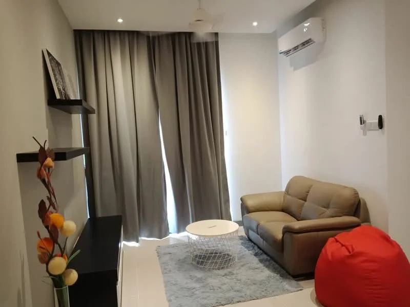 Living features: beige leather sofa, white coffee table, area rug in light blue, floor-to-ceiling curtains in grey, wall-mounted air conditioning unit, decorative wall shelf, bean bag chair in red, decorative plant arrangement; style: modern.