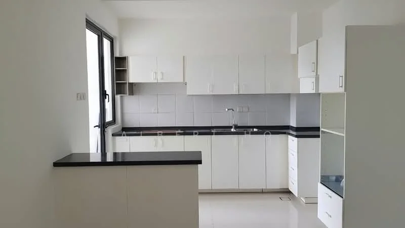 Kitchen features: white shaker cabinets, black granite countertop, ceramic tile backsplash, stainless-steel sink, single-bowl stainless-steel sink, built-in cabinetry, open shelving, floor-to-ceiling window, white walls, polished tile flooring; style: modern.