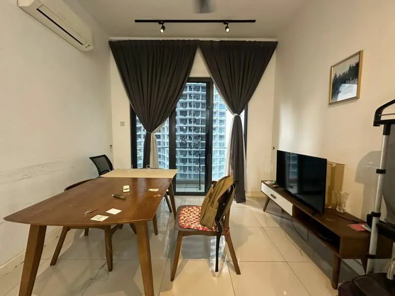 Living features: floor-to-ceiling windows, grey curtains, wooden dining table, black office chair, red patterned chair, TV console, wall-mounted TV, air conditioning unit, polished ceramic tile flooring, decorative wall art, open view from window; style: modern; view: city.