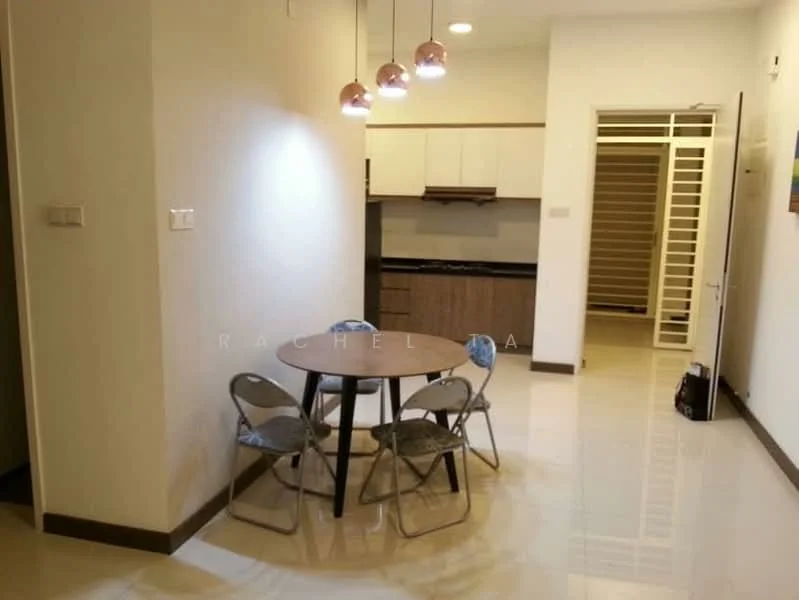 Dining features: round dining table, 4 folding chairs, pendant lighting with three bulbs, white painted walls, glossy tile flooring, kitchen cabinetry visible in background, open layout to kitchen, doorway leading to hallway; style: modern.
