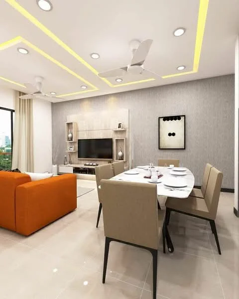Living features: orange fabric sofa, white dining table, 4 beige dining chairs, wall-mounted TV, light wood TV console, recessed LED downlights, tray ceiling with yellow accent lighting, grey textured wallpaper, large window with sheer curtains, ceramic tile flooring; style: modern; view: city.