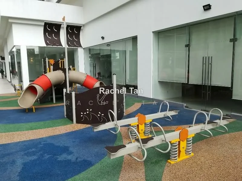 Exterior type: playground; features: colorful playground equipment, slide, spring riders, rubberized flooring, landscaped area, glass facade, outdoor space; style: modern.