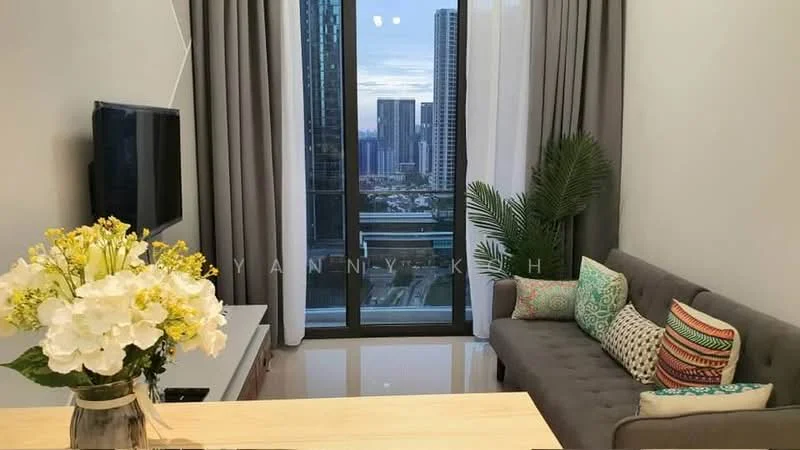 Living features: grey fabric sofa, decorative cushions with various patterns, wooden coffee table, TV mounted on wall, floor-to-ceiling windows, sheer curtains, potted plant, glossy tile flooring, wall with light-colored paint, decorative wall art; style: modern; view: city.