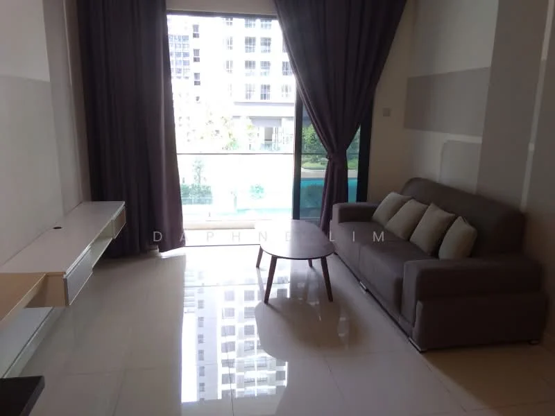Living features: grey fabric sofa, coffee table, floor-to-ceiling windows, curtains in dark purple, white wall, light-colored flooring, TV console, view of garden/pool area; style: modern; view: garden.