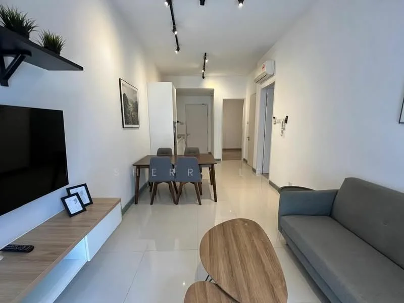 Living features: grey fabric sofa, wooden coffee table, wall-mounted TV, TV console with storage, white painted walls, recessed LED downlights, polished ceramic tile flooring, open-plan layout, dining table with four chairs, decorative wall art; style: modern. Room features: doorway leading to hallway, light switch, air conditioning unit.