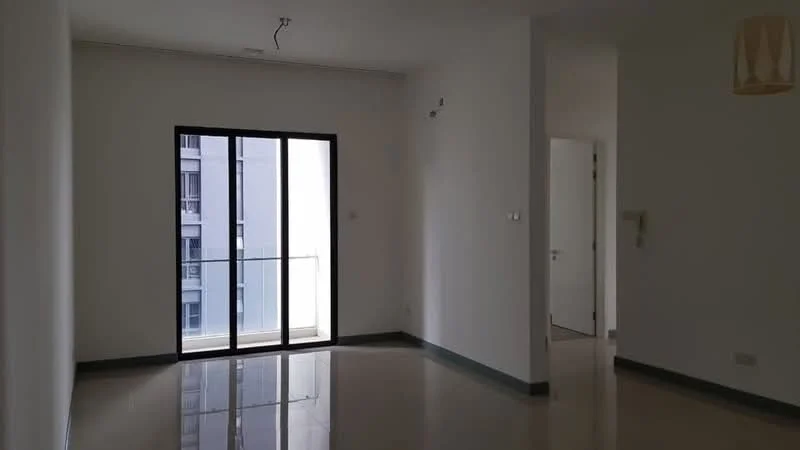 Living features: white painted walls, glossy tile flooring, floor-to-ceiling sliding glass door, balcony access, recessed ceiling lights, neutral color scheme, minimalist design, no visible furniture; style: modern.