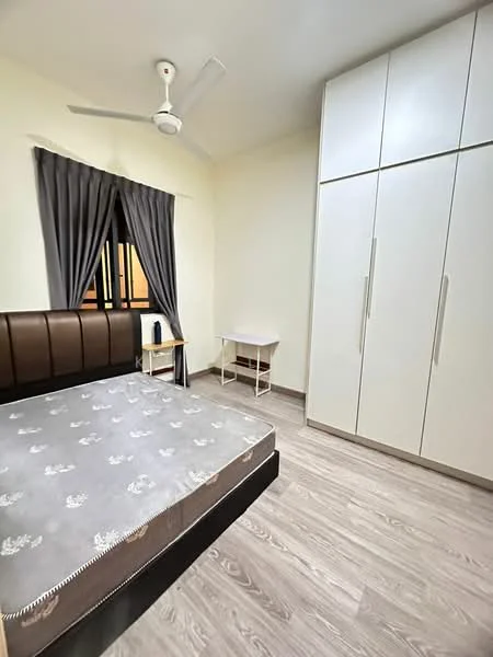 Bedroom features: queen-size bed with mattress, upholstered headboard, white built-in wardrobe, wooden flooring, ceiling fan, grey curtains, small side table, desk with chair, window with black frame; style: modern.