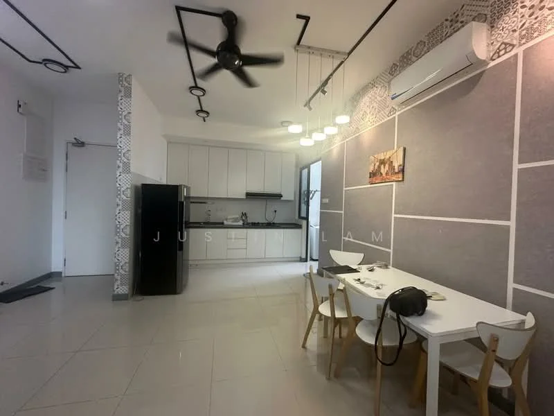 Living features: white painted walls, grey accent wall, marble tile flooring, 5-blade ceiling fan with light, recessed LED downlights, kitchen with white cabinetry, stainless-steel fridge, dining table for 4 with wooden chairs, sliding glass door, air conditioning unit; style: modern.