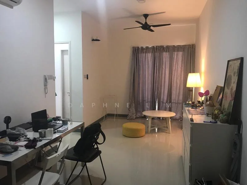 Living features: white painted walls, glossy tile flooring, 5-blade ceiling fan, floor-to-ceiling window with sheer curtains, lamp on side table, round coffee table, yellow ottoman, white sideboard, decorative items on sideboard, chair, desk with laptop and accessories; style: modern.