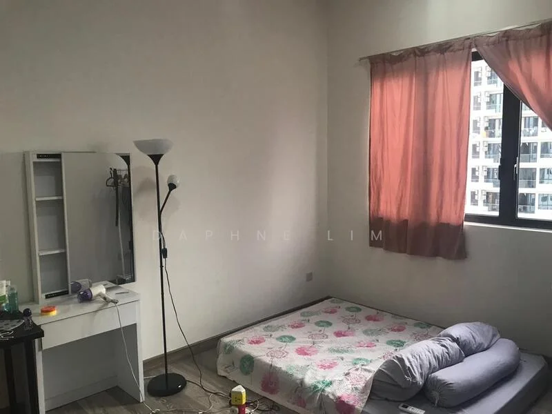 Bedroom features: light pink curtains, floor-to-ceiling window, wooden flooring, single mattress on the floor, decorative bedspread with floral pattern, white dresser with mirror, standing lamp, wall-mounted hook, exposed concrete wall, minimalist decor; style: minimalist; view: city.