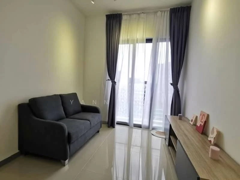 Living features: grey fabric 2-seater sofa, floor-to-ceiling windows, sheer curtains, glossy tile flooring, wooden console table, decorative items on console, neutral wall colour, recessed ceiling lights; style: modern.