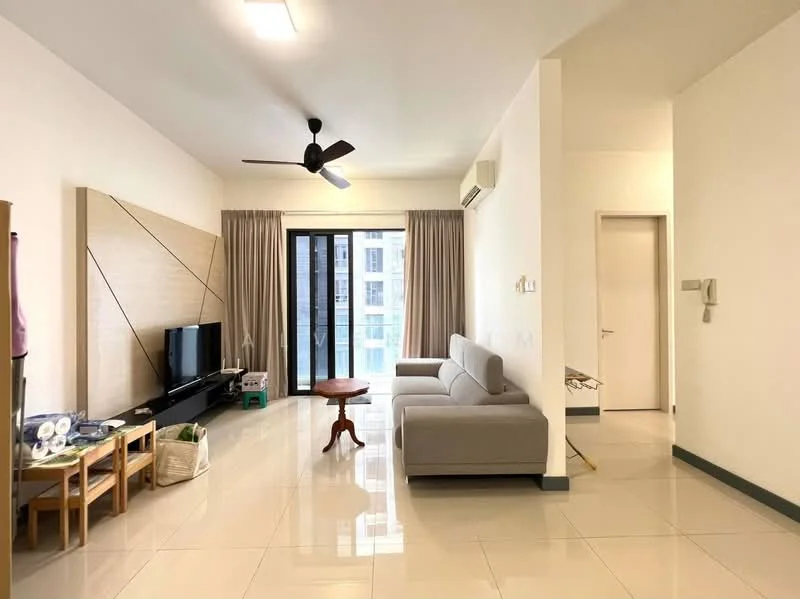 Living features: light grey fabric sofa, wood coffee table, wall-mounted TV, TV console, floor-to-ceiling windows, sheer curtains, 5-blade ceiling fan, recessed ceiling lights, cream painted walls, glossy tile flooring, decorative wall panel, air conditioning unit; style: modern; view: city.