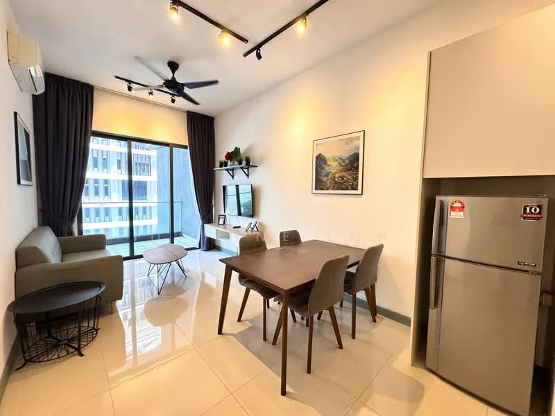 Living features: floor-to-ceiling windows, grey fabric sofa, round coffee table, 4-seater dining table, upholstered dining chairs, wall-mounted TV, TV console, ceiling fan with light, recessed LED downlights, white painted walls, glossy tile flooring, air conditioning unit; style: modern; view: city.