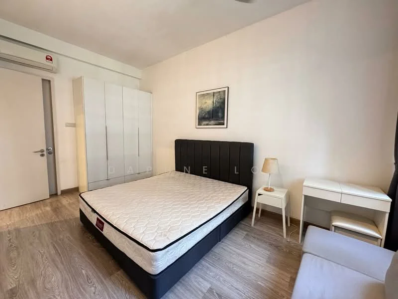 Bedroom features: queen-size bed, upholstered headboard, white bedding, wooden flooring, built-in wardrobe with sliding doors, study desk, white chair, wall-mounted artwork, window with natural light, ceiling fan; style: modern.