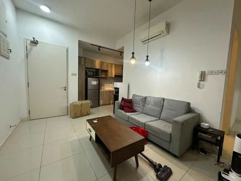 Living features: grey fabric sofa, wood coffee table, wall-mounted TV, recessed LED downlights, 1 wall-mounted split AC, cream painted walls, tile flooring, decorative pendant lights, vacuum cleaner, open kitchen area visible in background; style: modern.