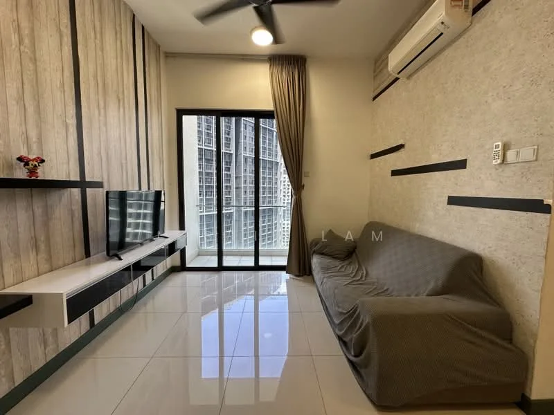 Living features: grey fabric sofa, wall-mounted TV, white TV console, floor-to-ceiling windows, black window frames, light-colored accent wall, wood paneling on one wall, recessed ceiling lights, air conditioning unit, white glossy tile flooring, curtains, decorative figurine on TV console; style: modern; view: city.