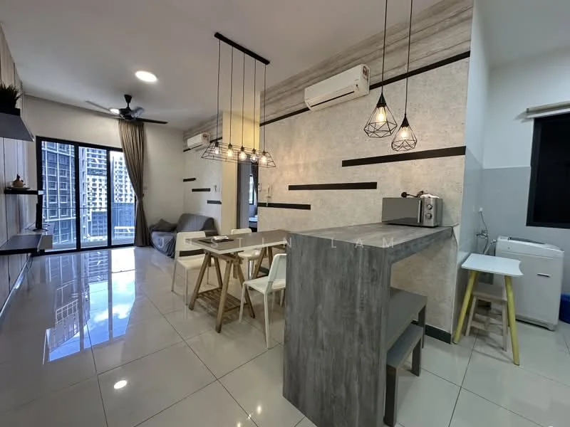 Living features: white painted walls, grey accent wall, polished ceramic tile flooring, 5-blade ceiling fan with light, recessed downlights, dining table with 4 chairs, grey kitchen island with seating, stainless-steel microwave, built-in cabinets, floor-to-ceiling windows, sliding glass door, curtains, sofa, decorative pendant lights; style: modern; view: city.