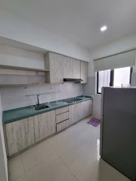 Kitchen features: light wood cabinetry, green countertop, single-bowl stainless-steel sink, chrome pull-down faucet, built-in oven, freestanding fridge, ceramic tile flooring, white tiled backsplash, window with blinds, under-cabinet lighting; style: modern.