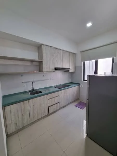 Kitchen features: light wood cabinetry, green countertop, single-bowl stainless-steel sink, chrome pull-down faucet, built-in stove, refrigerator, tile backsplash, white walls, ceramic tile flooring, window with blinds, overhead lighting; style: modern.