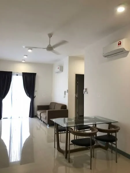 Living features: 3-seater fabric sofa in brown, glass dining table with metal legs, 2 dining chairs, floor-to-ceiling windows, sheer curtains, wall-mounted split AC, ceiling fan with light, recessed LED downlights, glossy tile flooring, white painted walls; style: modern.