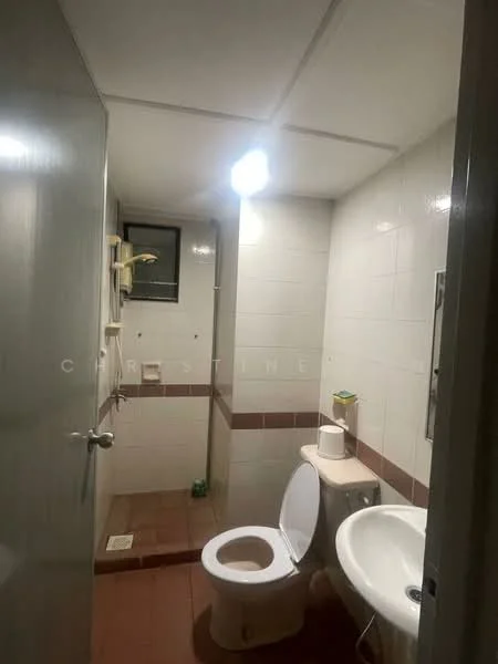 Bathroom features: white tiled walls, brown tiled accents, ceramic tile flooring, one-piece toilet, sink with pedestal, shower with wall-mounted faucet, mirror above sink, ceiling light fixture.