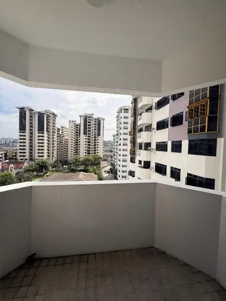 Room features: balcony, concrete flooring, white walls, overhead ceiling, view of surrounding buildings, city skyline, partially covered balcony; style: modern; view: city.