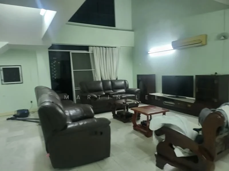Living features: brown leather sofa set, coffee table, TV console, wall-mounted TV, air conditioning unit, floor-to-ceiling windows, curtains, marble flooring, decorative wall art, light fixture on wall; style: modern.